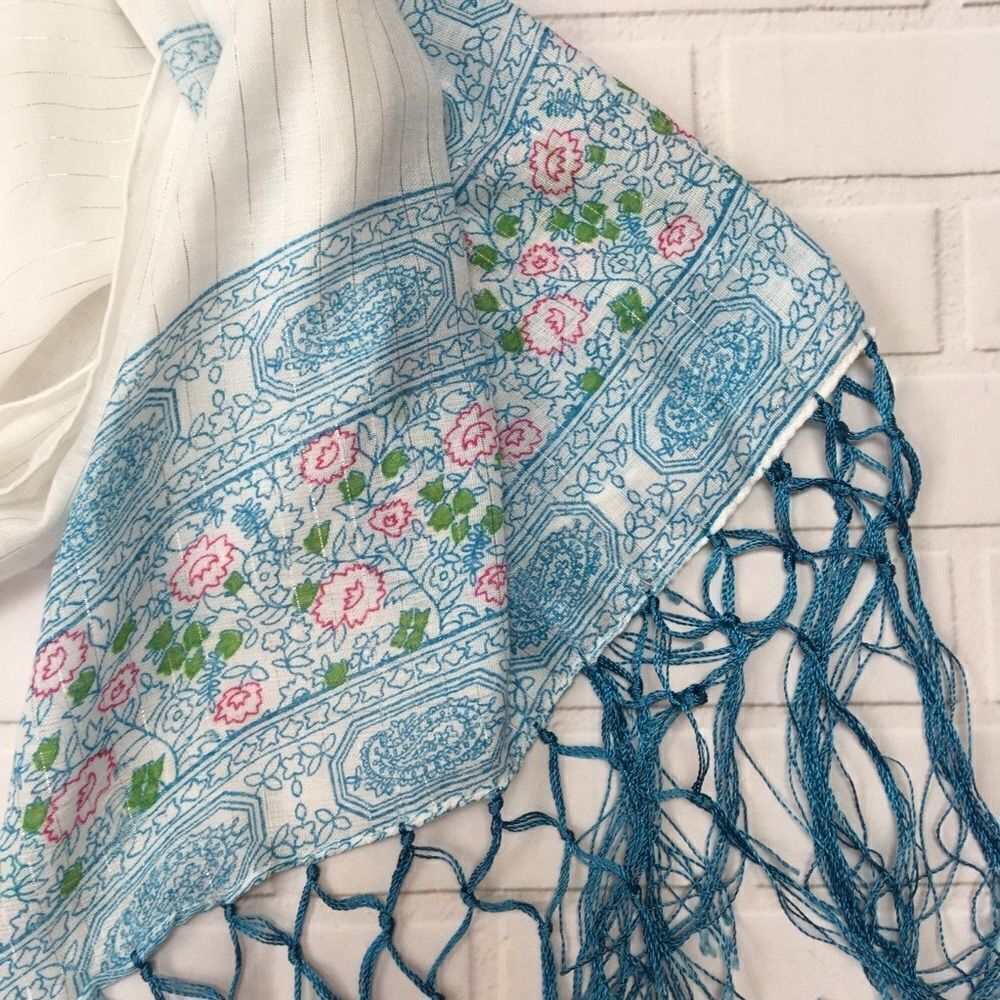Boho scarf with floral border & fringe